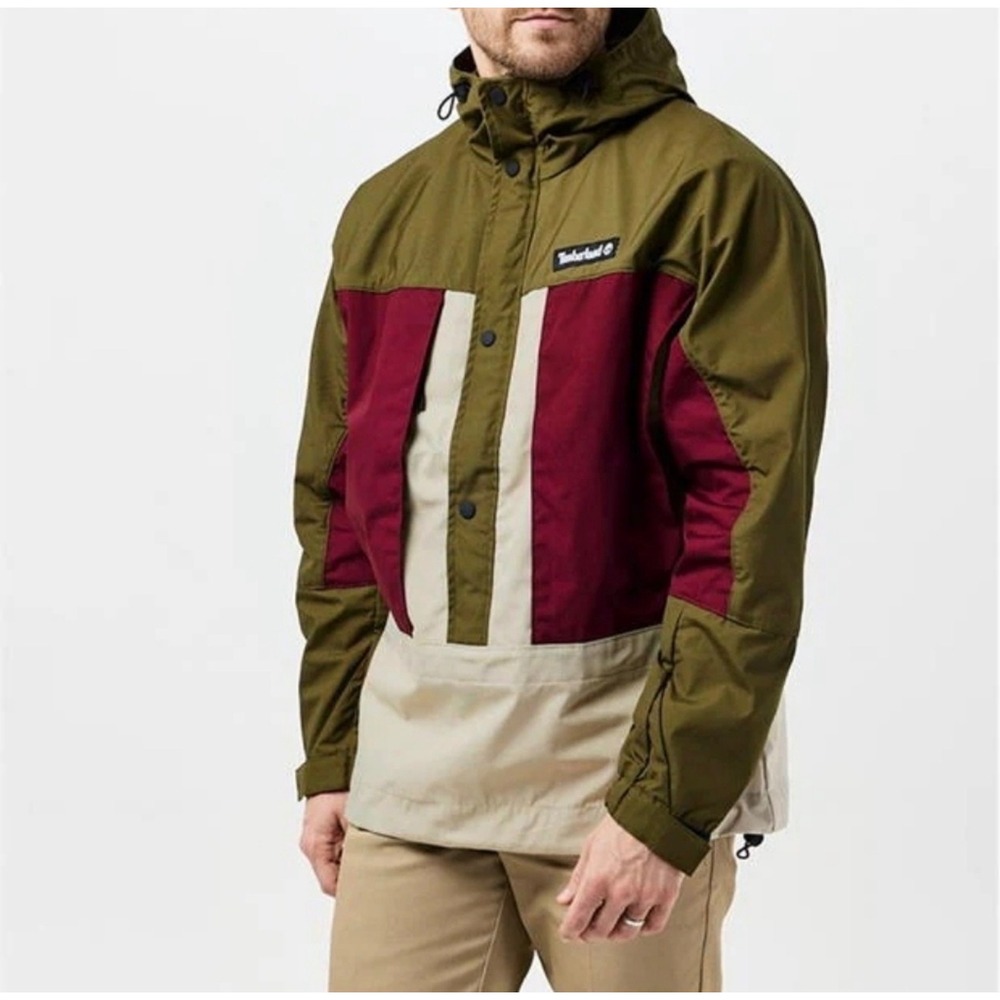 Timberland Mens Colorblock Anorak Hooded Jacket Olv Burgundy Tan Small MSRP $270